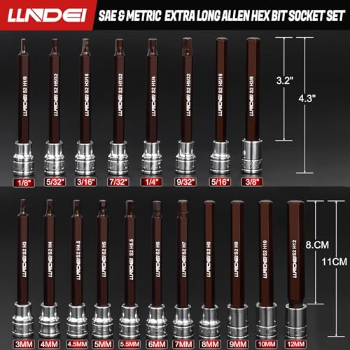 LLNDEI 3/8-Inch Drive 19PC Extra Long Allen Wrench Socket Set, Durable CR-V&S2 Steel Tools