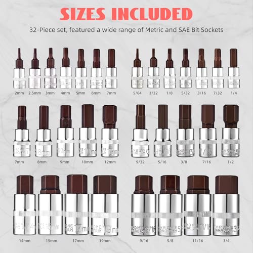 Master Hex Bit Socket Set, 32-Piece 1/4" 3/8" 1/2" SAE Metric S2 Alloy Cr-V 5/64" to 3/4" 2mm to 19mm