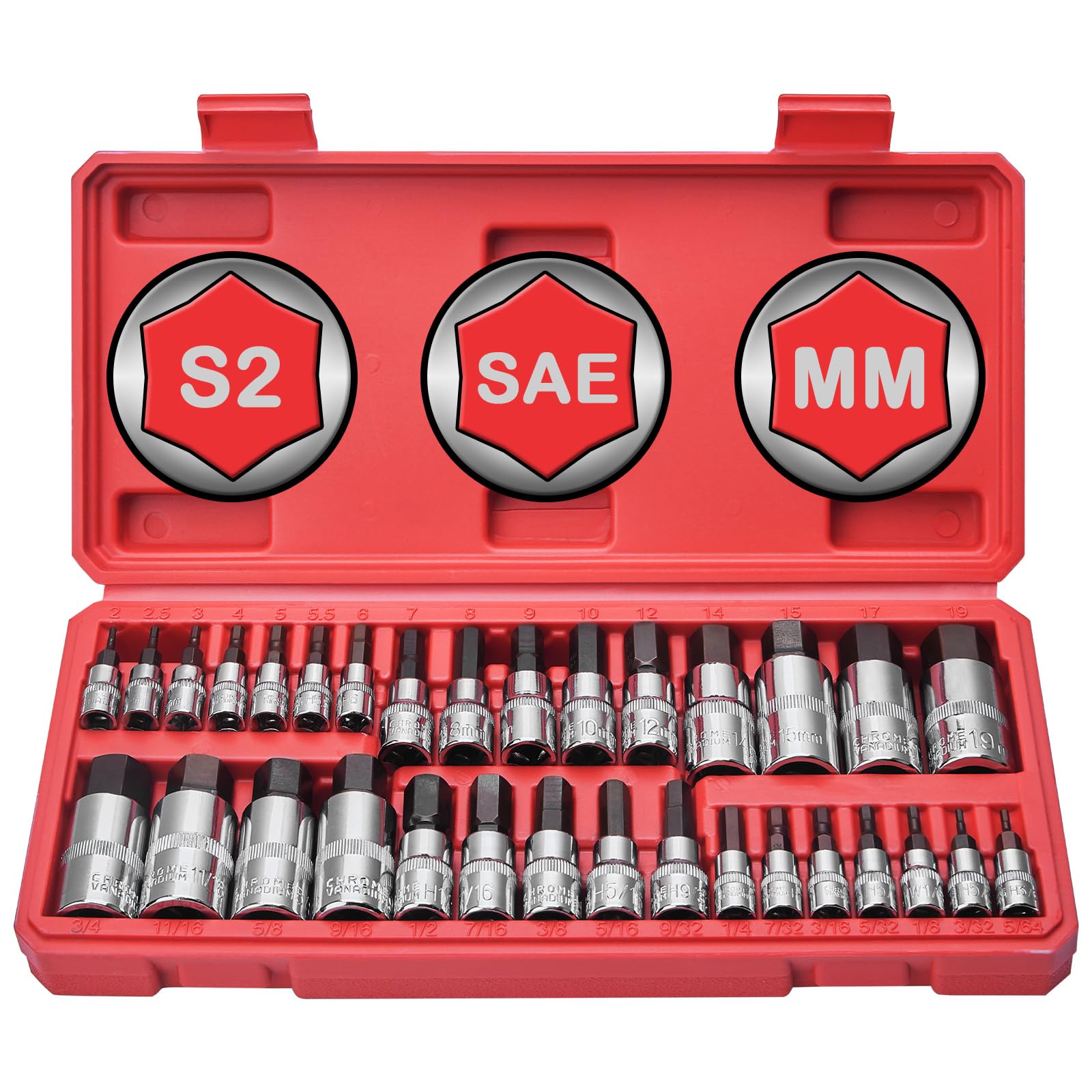 Master Hex Bit Socket Set, 32-Piece 1/4" 3/8" 1/2" SAE Metric S2 Alloy Cr-V 5/64" to 3/4" 2mm to 19mm