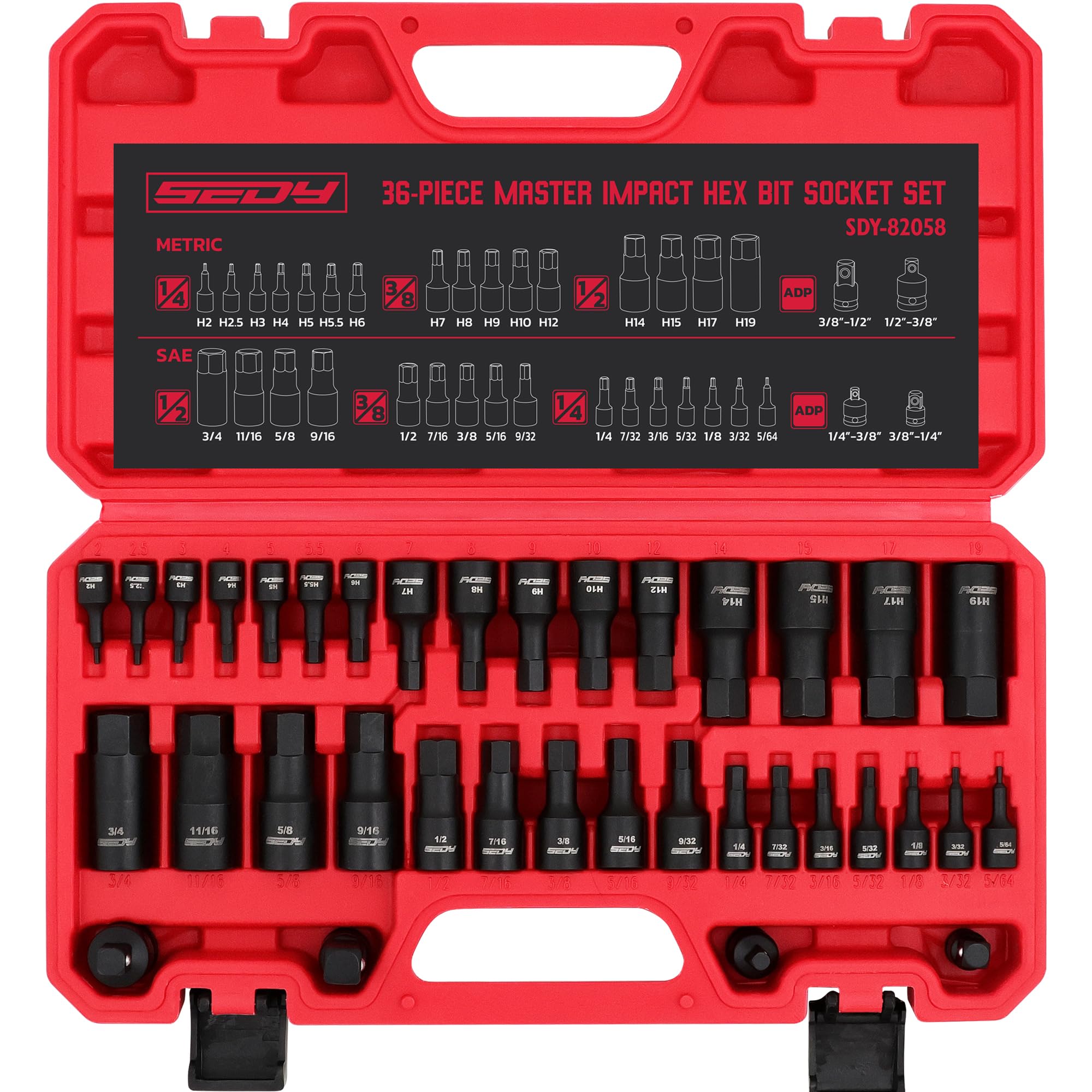 Hex Bit Impact Socket Set: 36-Piece with 4 Adapters, Heavy Duty Case, Auto Mechanic