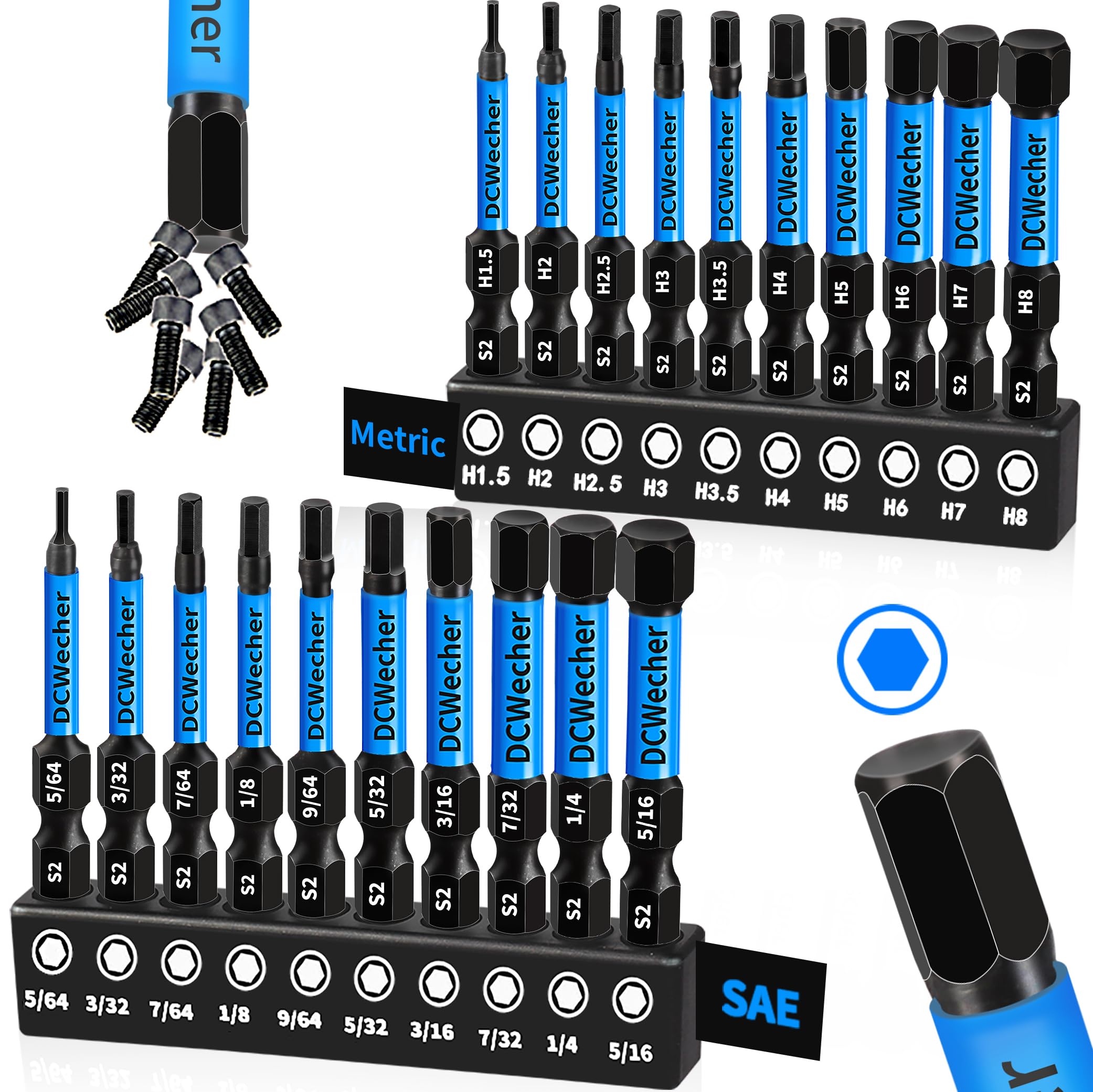Professional-Grade 20-Piece Allen Wrench Drill Bit Set for Metric & SAE - Magnetic Hex Bits, S2 Steel